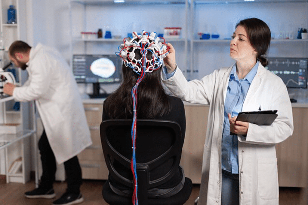 Examen neurologique. Médecin utilisant une technique d'examen neurologique.