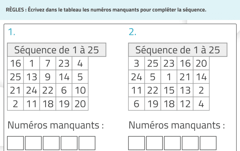 Activité attention soutenue copier les nombres manquants