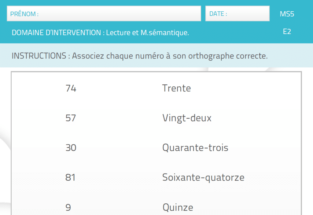 Activité pour la mémoire NeuronUP Nombre et numéros