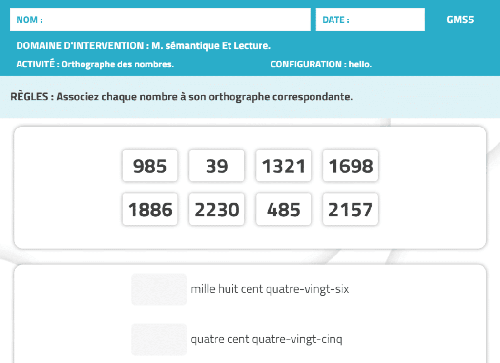 Activité pour la mémoire NeuronUP Orthographe des nombres