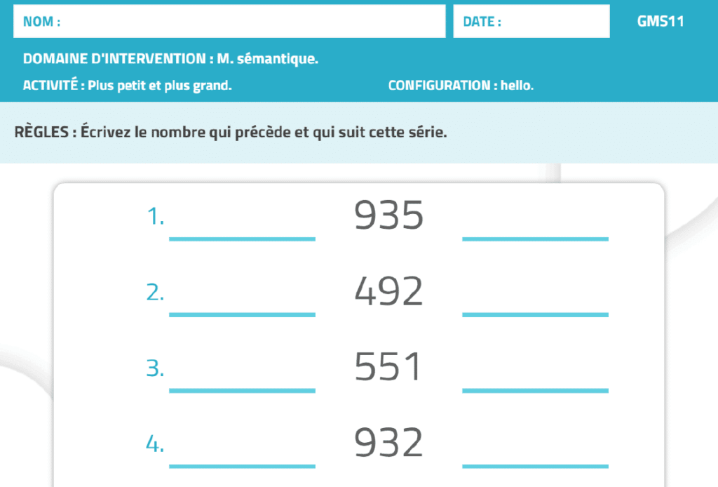 Activité pour la mémoire NeuronUP Plus petit et plus grand